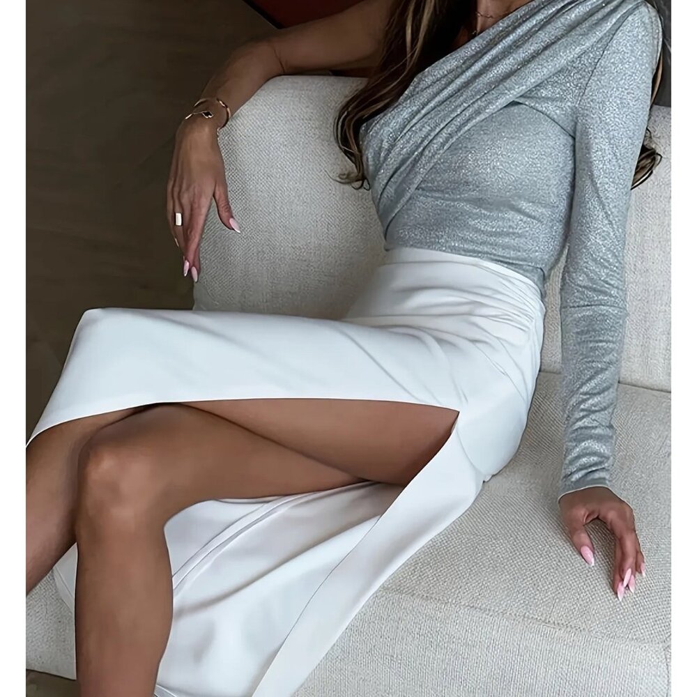 Elegant One-Shoulder Silver Long-Sleeve Top Womens L
